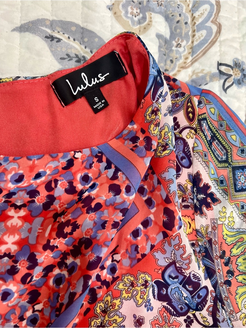 Lulu's Coral Multi-Print Floral & Paisley Blouse